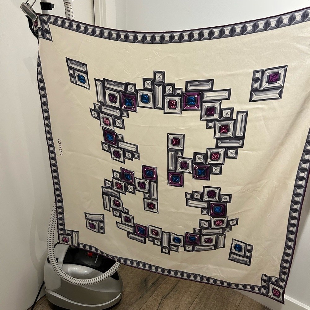 Gucci Cream Silk Scarf with Purple and Blue Jewel Motif